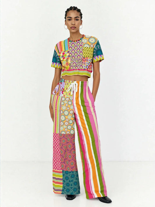 Hello Janis! Green Striped Patchwork Eco-Poly Wide Leg Pants