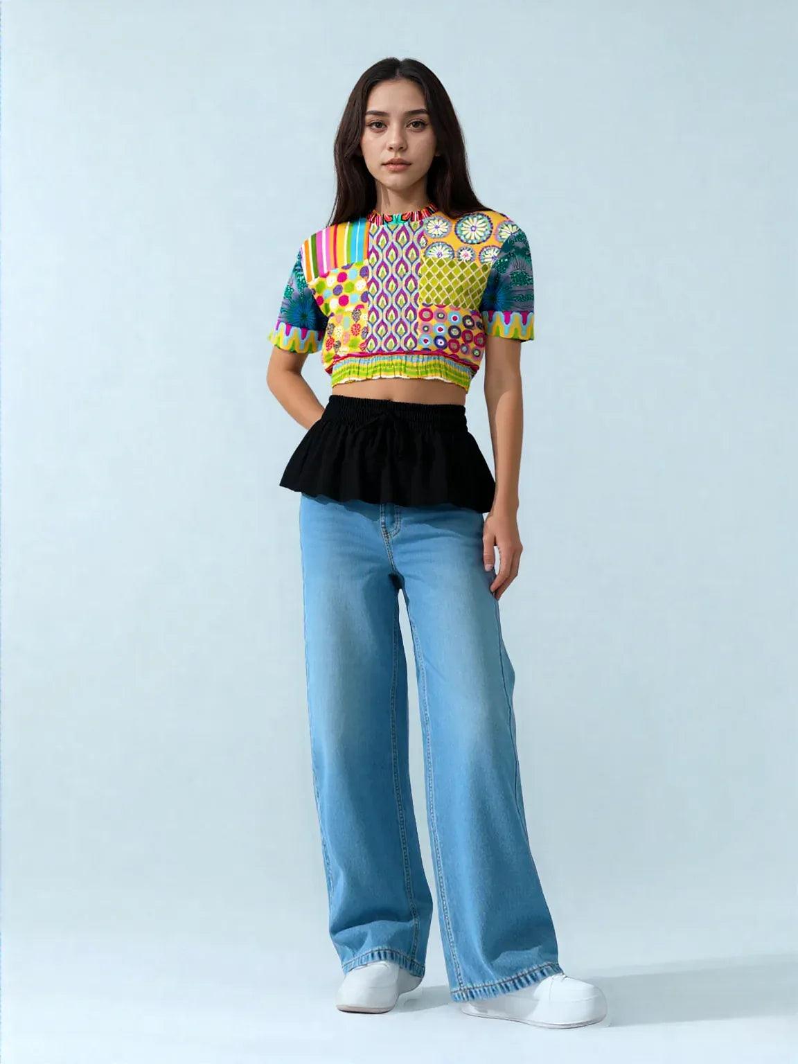 Hello Janis! Green Geo Print Short Sleeve Cropped Eco-Poly Sweater