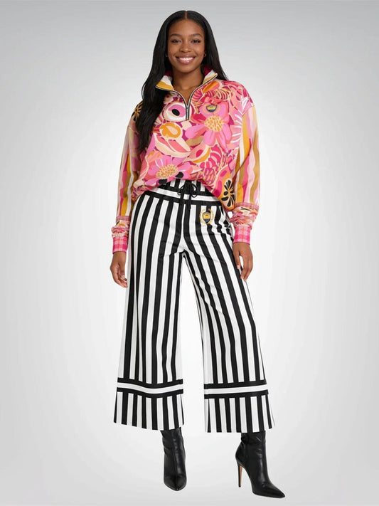 Stripes in Black and White Eco-Poly Wide Leg Pants