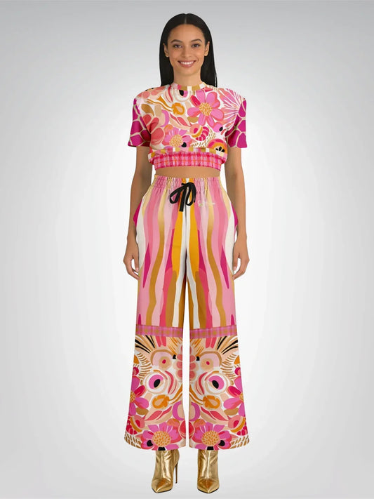 Hibiscus in the Desert Bloom Floral Stripe Eco-Poly Wide Leg Pants