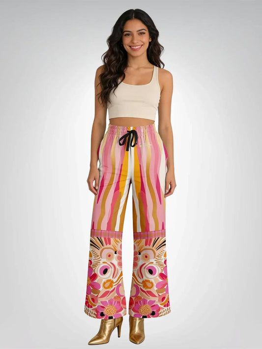 Hibiscus in the Desert Bloom Floral Stripe Eco-Poly Wide Leg Pants