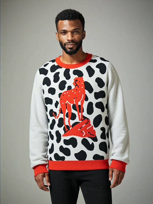 High on Leopard Savannah on Grey Plains Knitted Crewneck Sweater