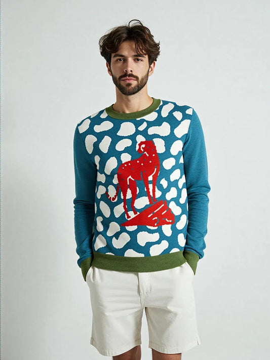 High on Leopard Savannah on Turquoise Plains Knitted Crewneck Sweater