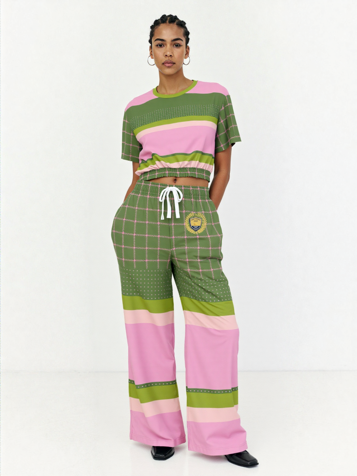 Hopscotch in Green and Pink Windowpane Eco-Poly Short Sleeve Cropped Pullover