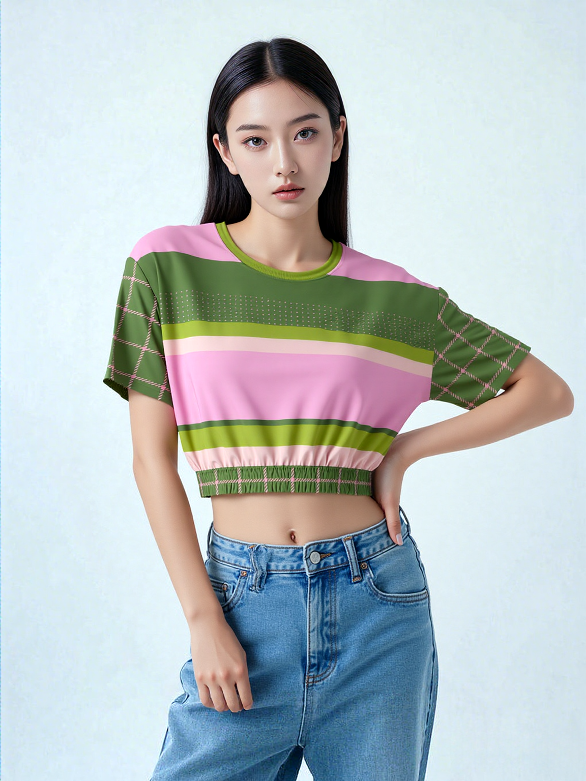 Hopscotch in Green and Pink Windowpane Eco-Poly Short Sleeve Cropped Pullover