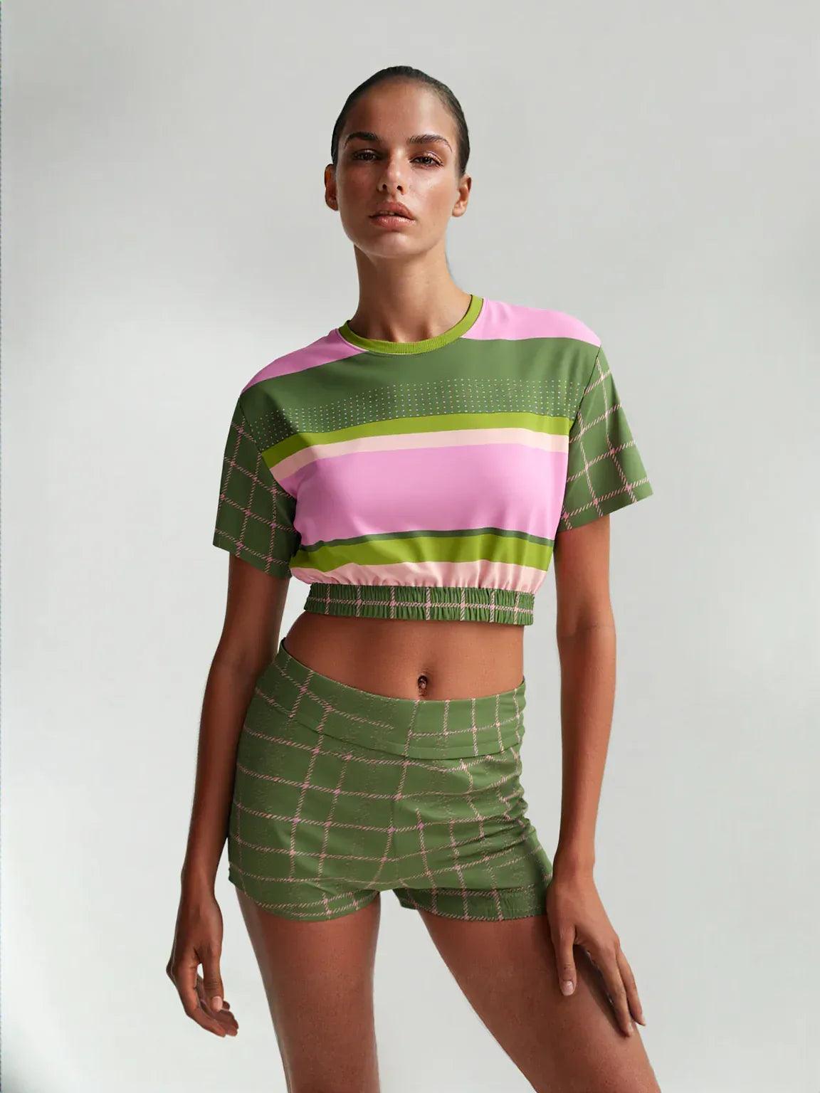 Hopscotch in Green and Pink Windowpane Eco-Poly Short Sleeve Cropped Pullover