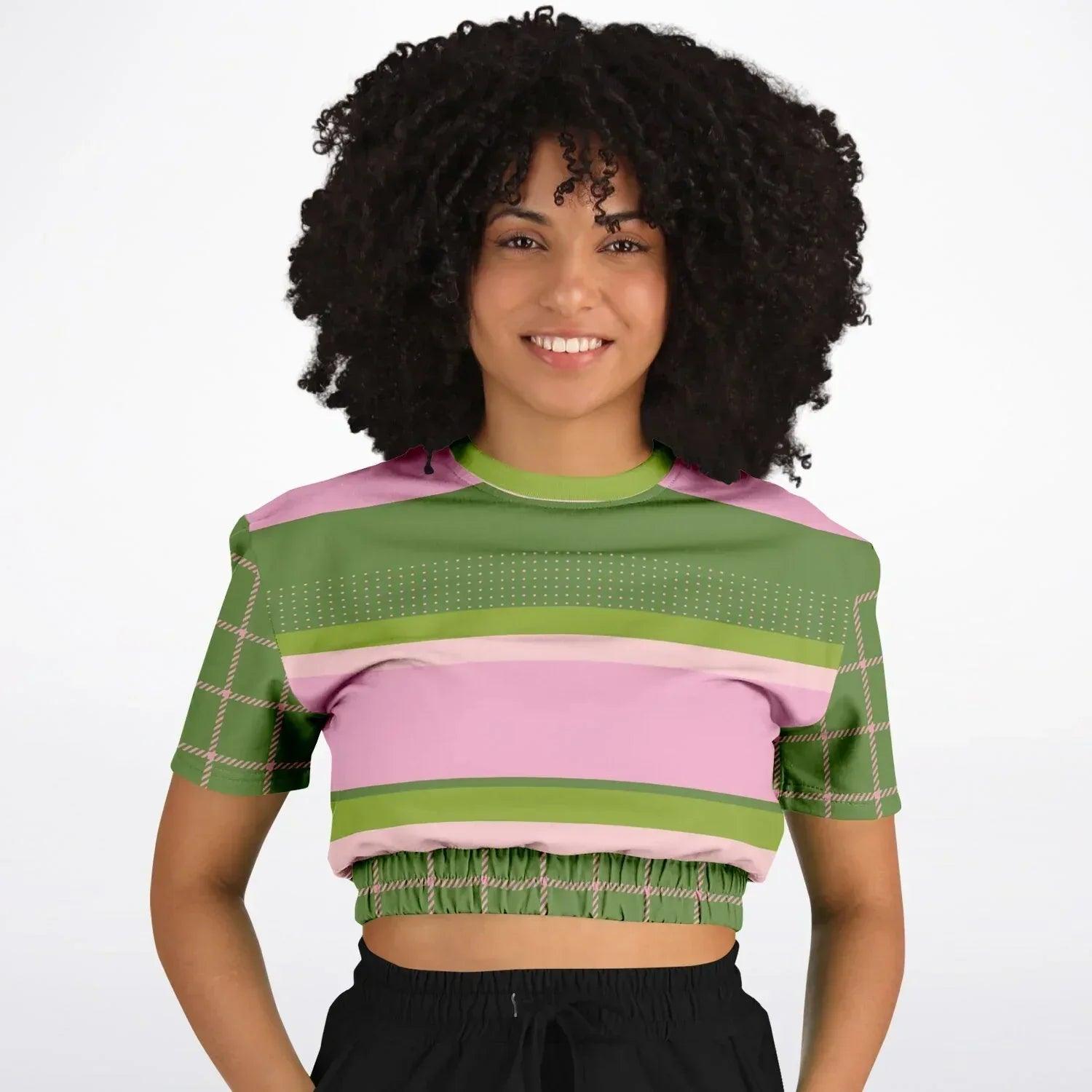 Hopscotch in Green and Pink Windowpane Eco-Poly Short Sleeve Cropped Pullover