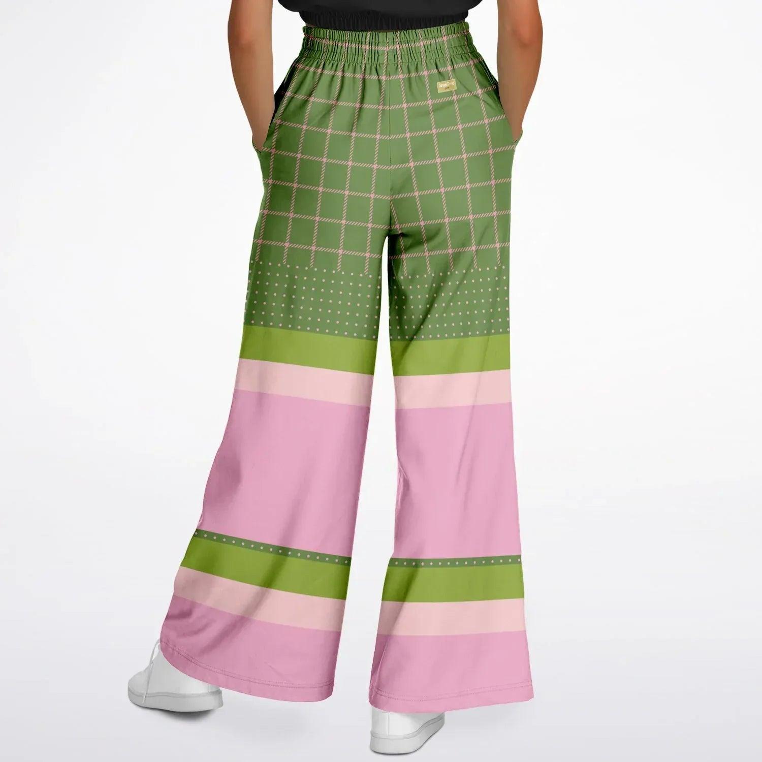 Hopscotch in Green and Pink Windowpane Eco-Poly Wide Leg Pants