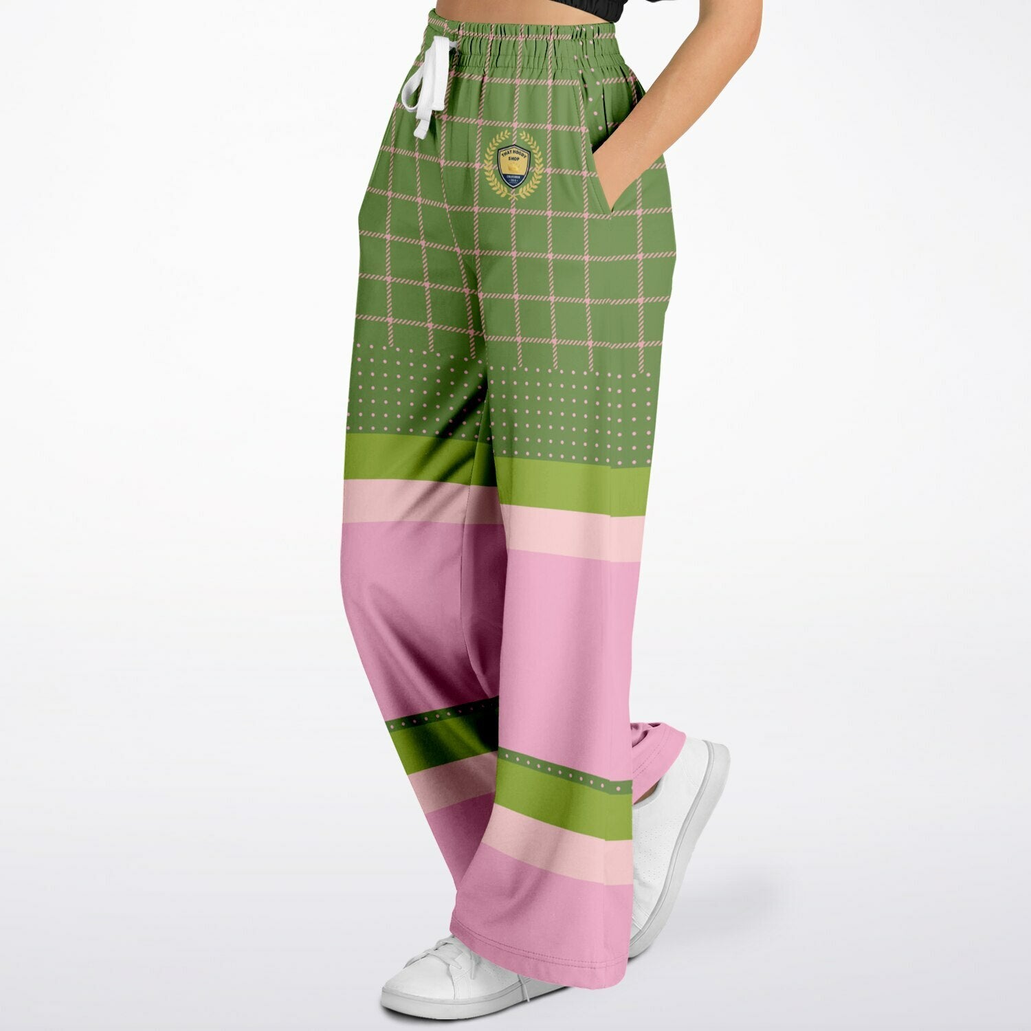 Hopscotch in Green and Pink Windowpane Eco-Poly Wide Leg Pants