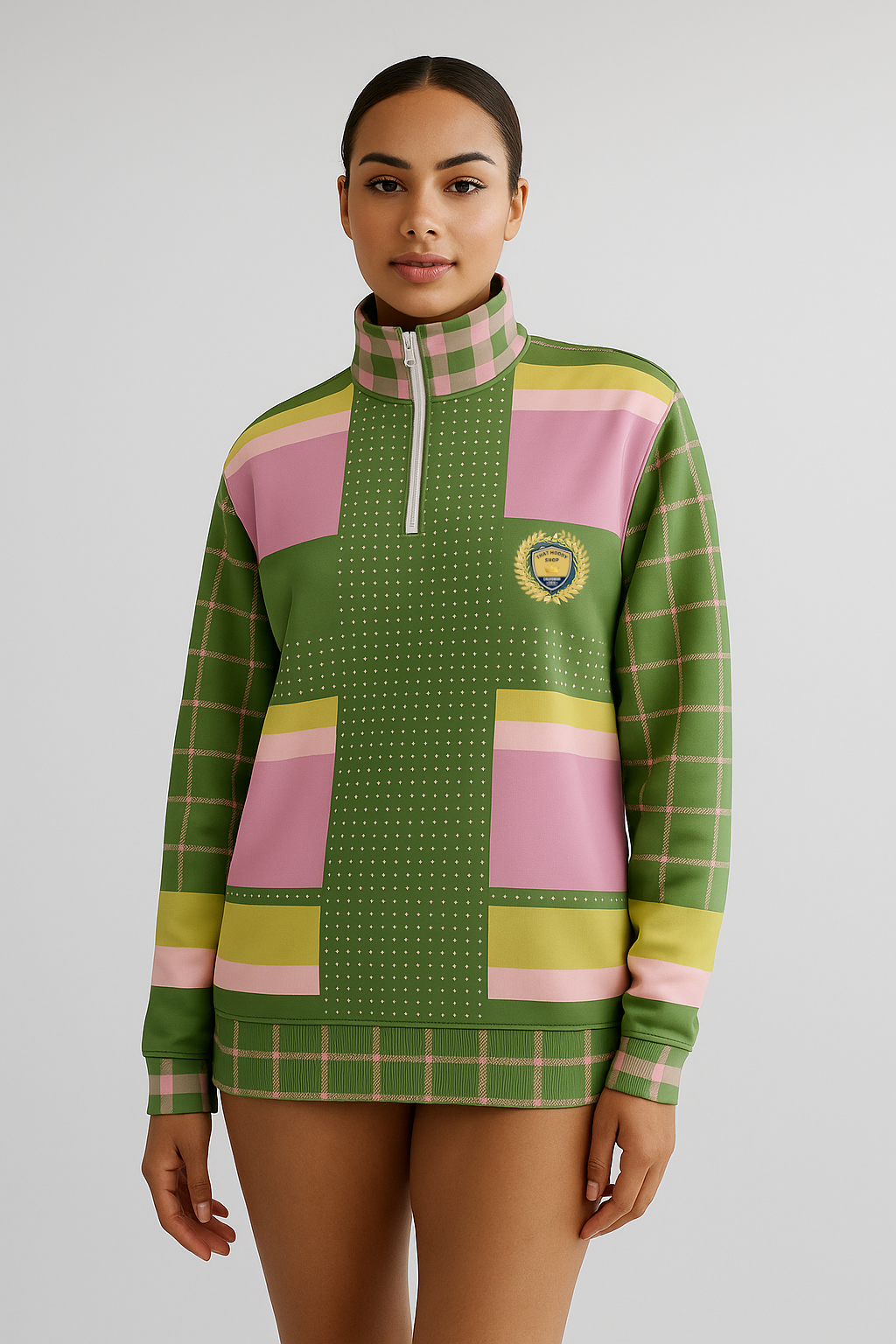 Hopscotch in Green and Pink Windowpane Heavyweight Quarter Zip Unisex Pullover