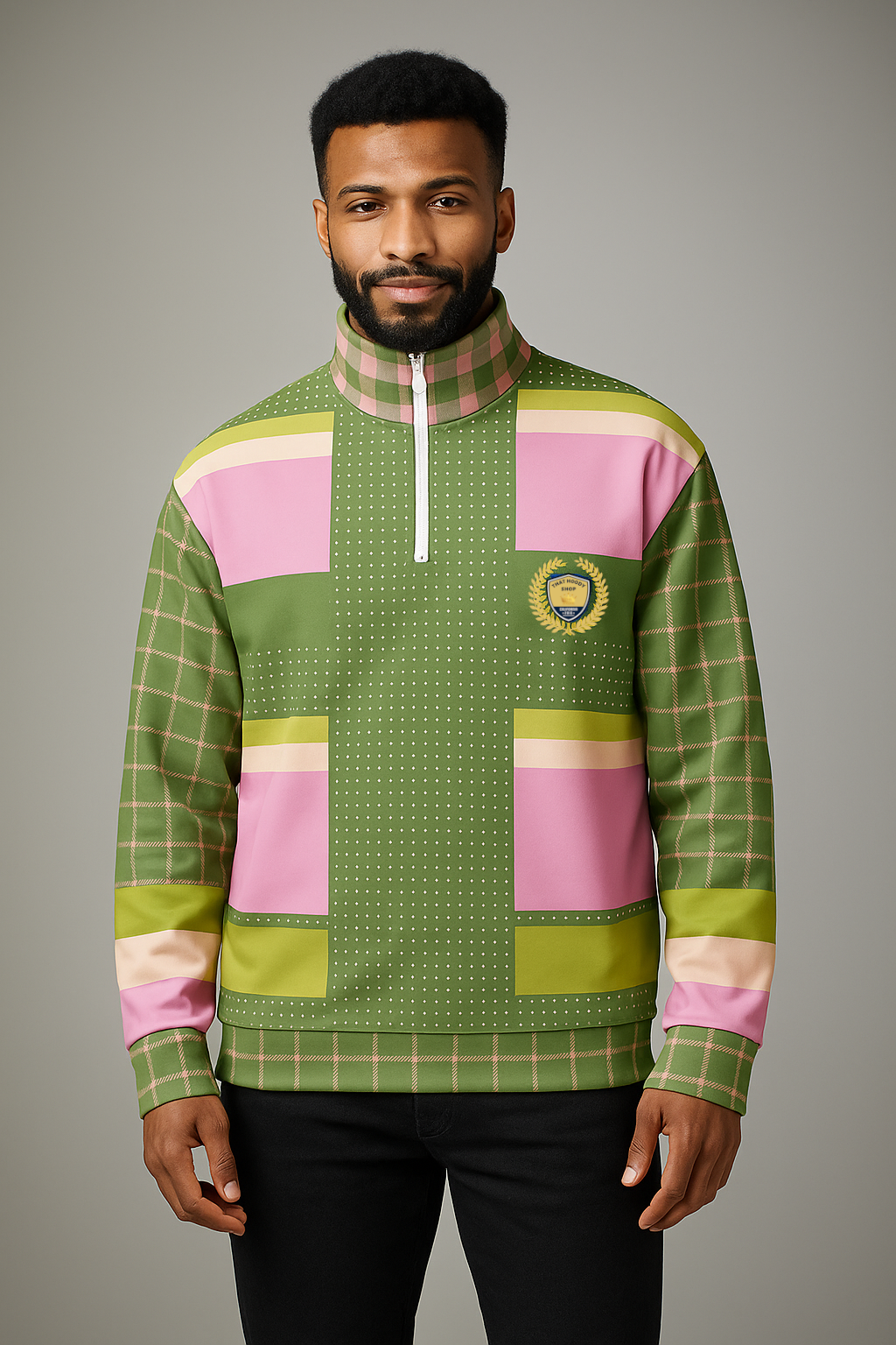 Hopscotch in Green and Pink Windowpane Heavyweight Quarter Zip Unisex Pullover