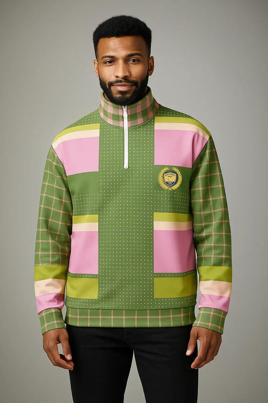 Hopscotch in Green and Pink Windowpane Heavyweight Quarter Zip Unisex Pullover