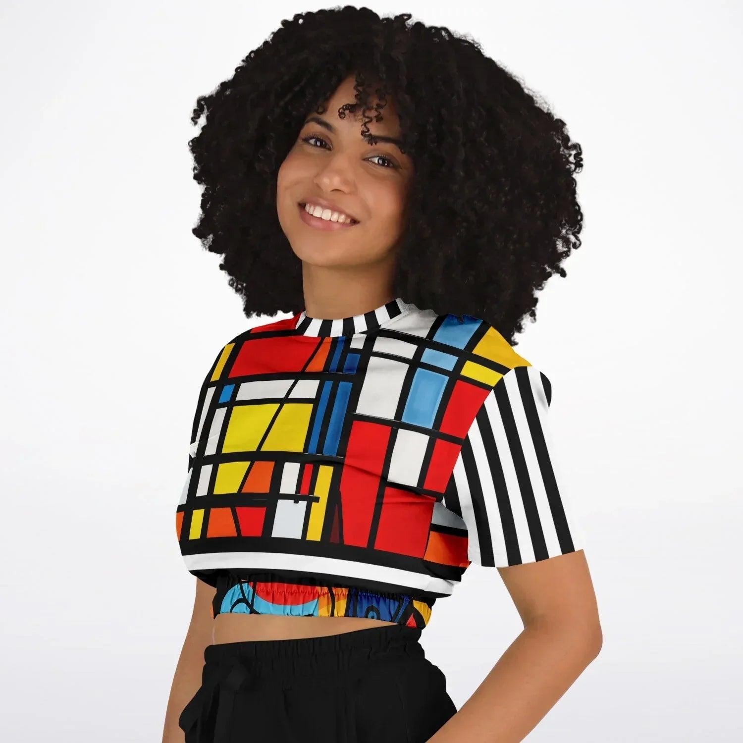 Hopscotch in Primary Geometric Eco-Poly Short Sleeve Cropped Pullover