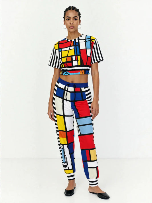 Hopscotch in Primary Geometric Eco-Poly Short Sleeve Cropped Pullover