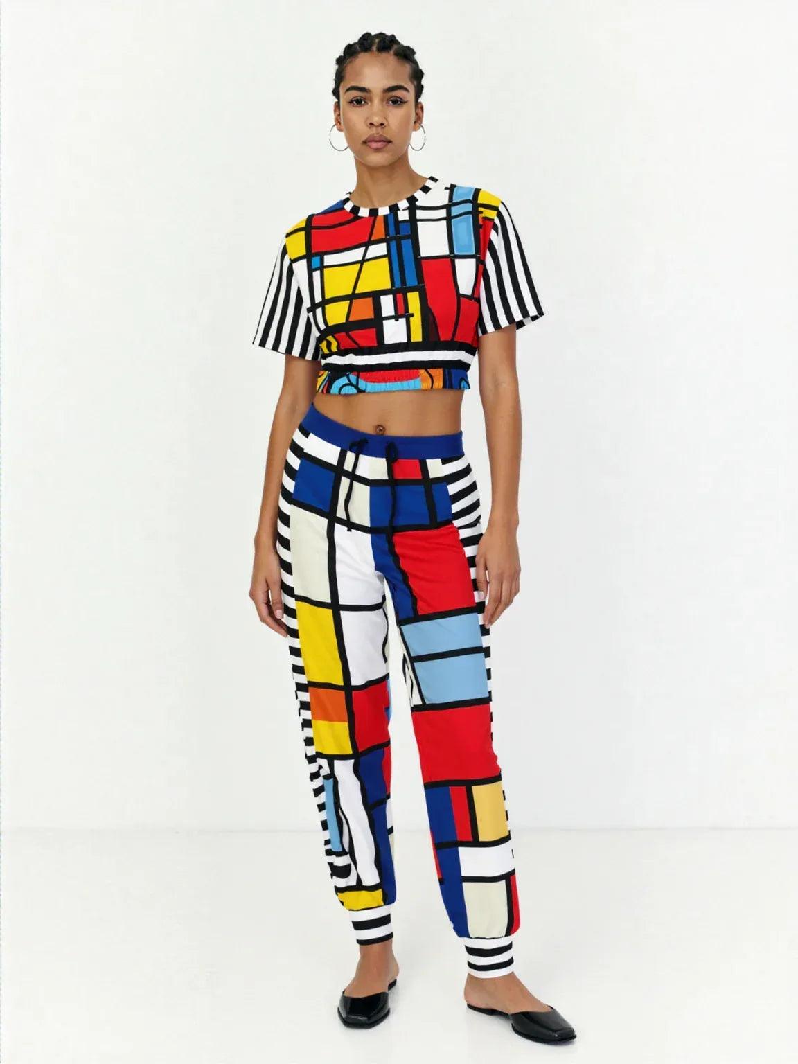 Hopscotch in Primary Geometric Eco-Poly Short Sleeve Cropped Pullover