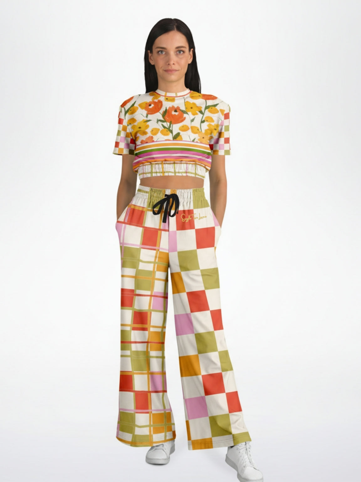 Hopscotch My Hippie Gingham Floral Plaid Eco-Poly Short Sleeve Cropped Pullover