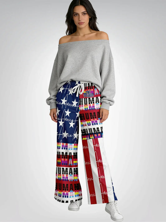 I Am Human - American Flag Eco-Poly Wide Leg Pants
