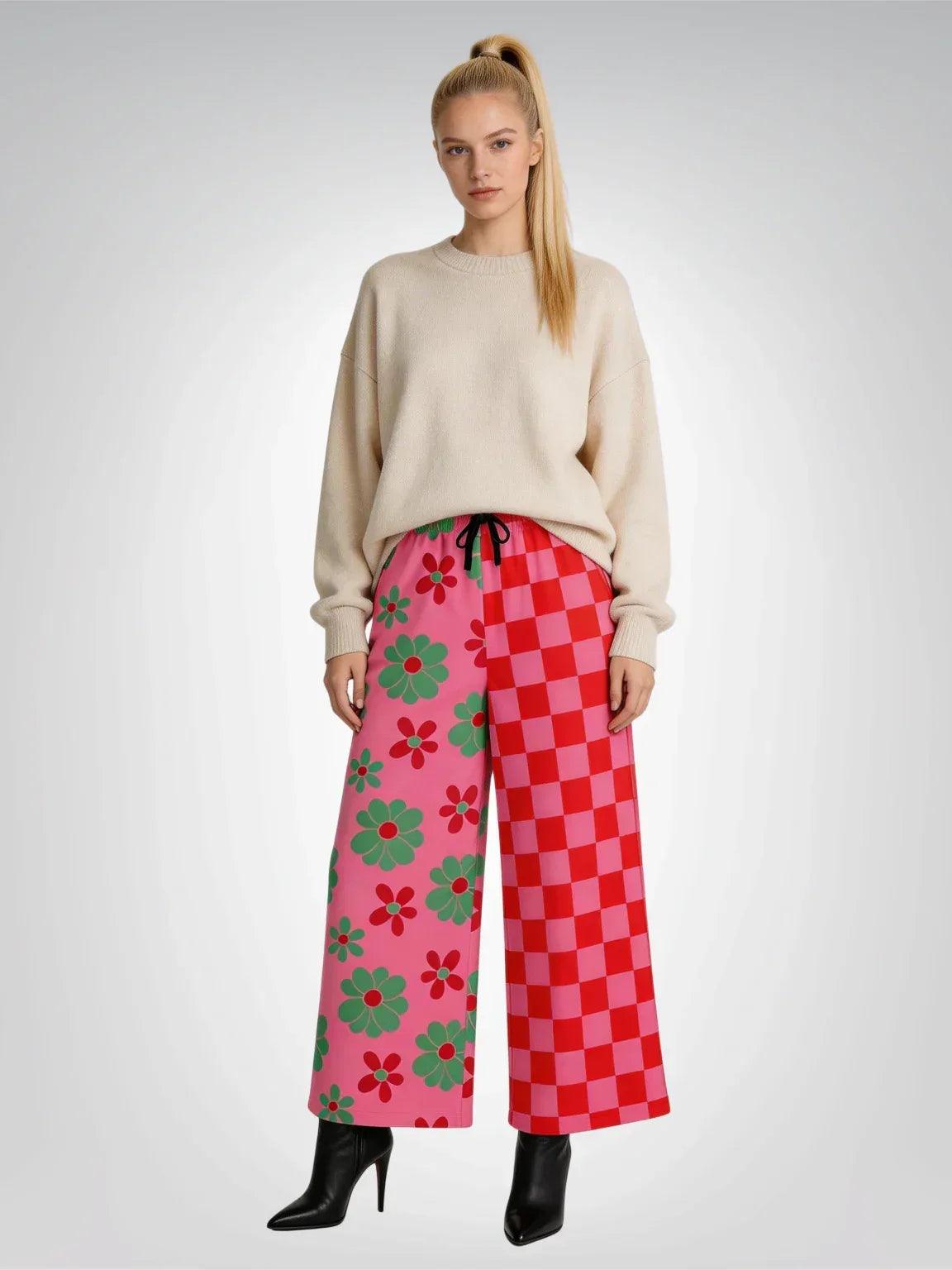 I Like Candy Checkers & Flowers Eco-Poly Wide Leg Pants