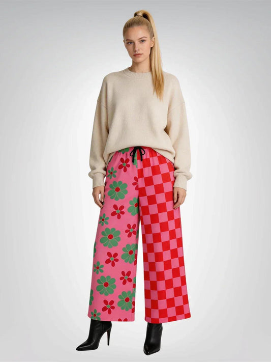 I Like Candy Checkers & Flowers Eco-Poly Wide Leg Pants