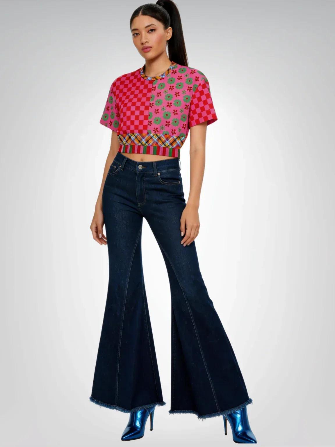 I Like Candy in Checkers & Flowers Eco-Poly Short Sleeve Cropped Pullover