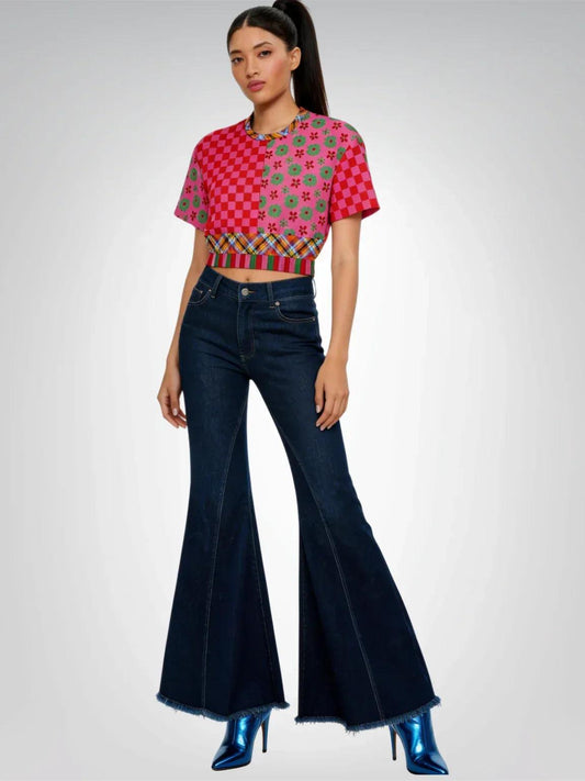 I Like Candy in Checkers & Flowers Eco-Poly Short Sleeve Cropped Pullover