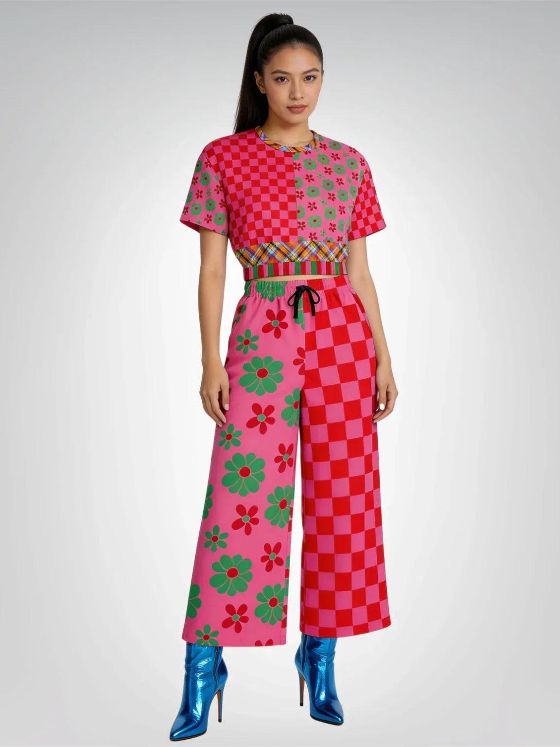 I Like Candy in Checkers & Flowers Eco-Poly Short Sleeve Cropped Pullover