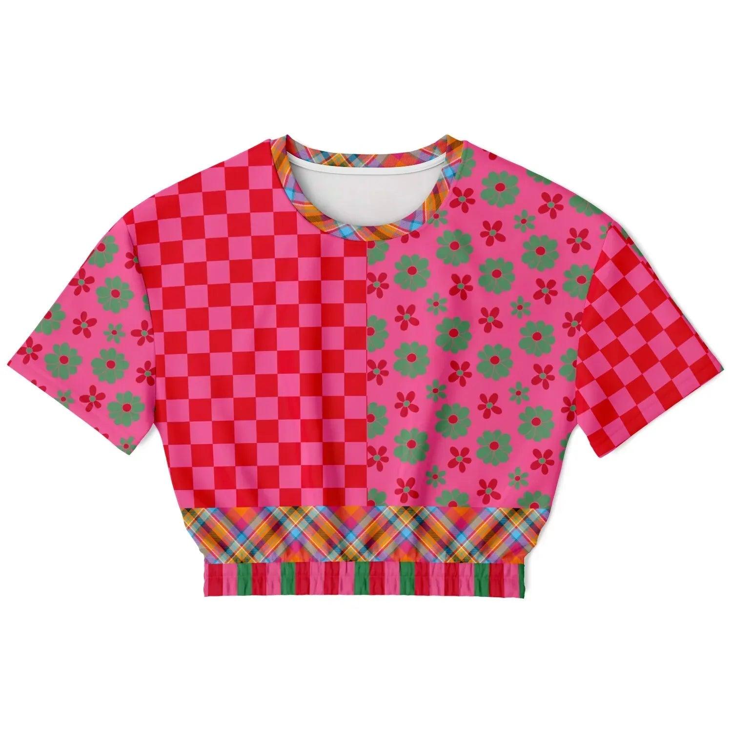 I Like Candy in Checkers & Flowers Eco-Poly Short Sleeve Cropped Pullover