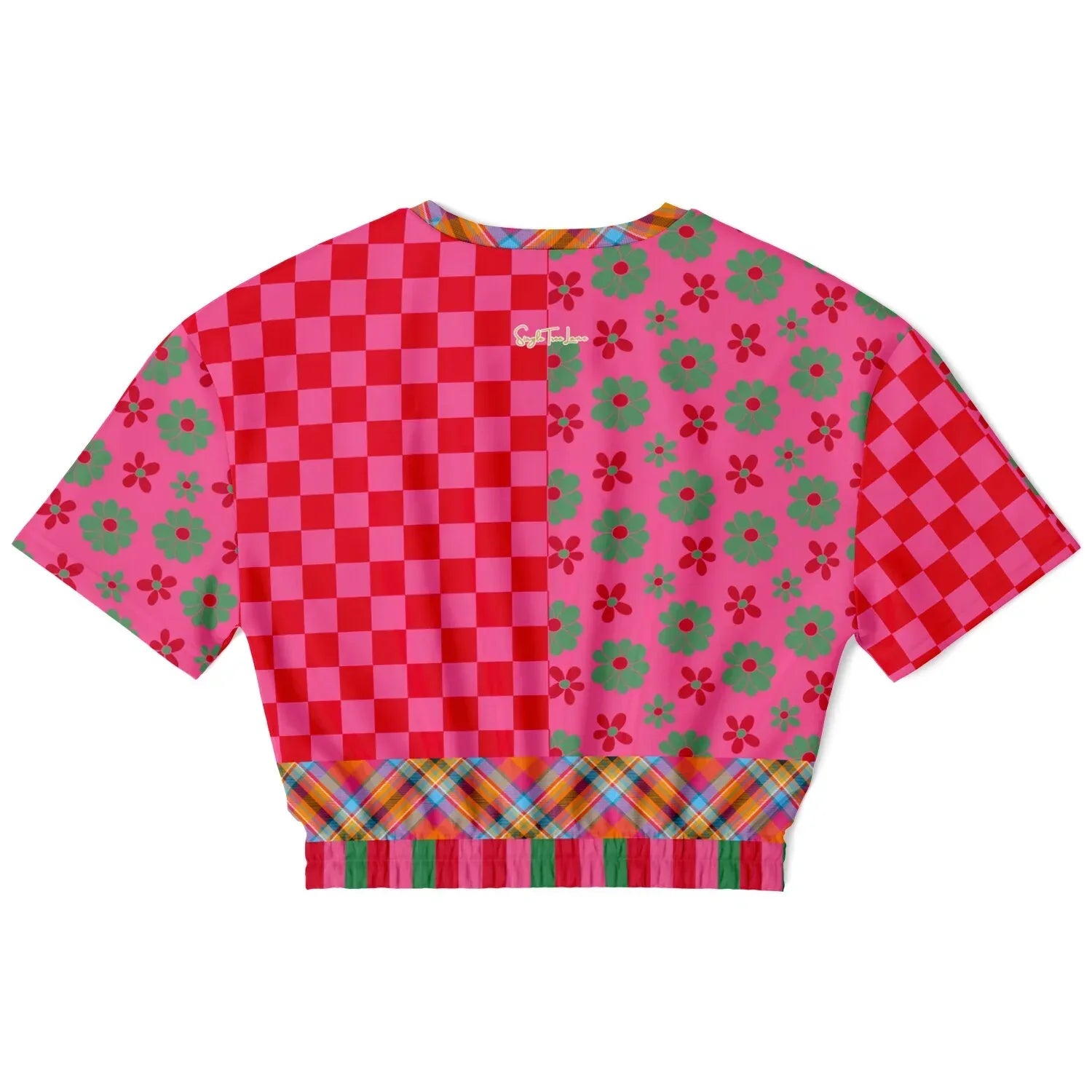 I Like Candy in Checkers & Flowers Eco-Poly Short Sleeve Cropped Pullover