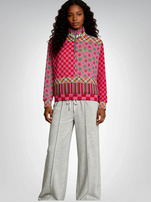 I Like Candy in Checkers & Flowers Heavyweight Oversized Quarter Zip Sweatshirt