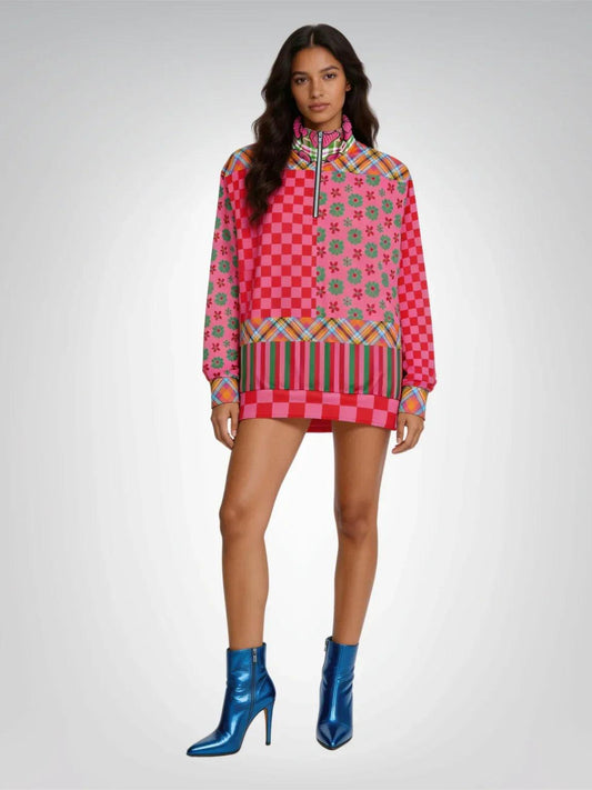 I Like Candy in Checkers & Flowers Heavyweight Oversized Quarter Zip Sweatshirt