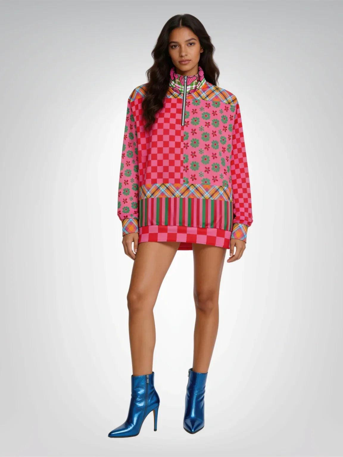 I Like Candy in Checkers & Flowers Heavyweight Oversized Quarter Zip Sweatshirt
