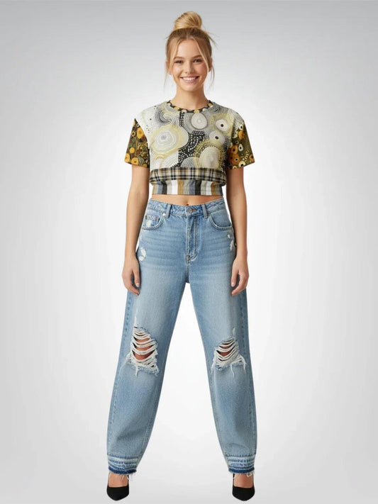 I'm Feeling Brown Aboriginal Ethnic Print Eco-Poly Short Sleeve Cropped Pullover