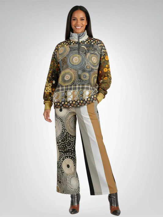 I'm Feeling Brown Aboriginal Swirl Patchwork Heavyweight Oversized Quarter Zip Sweatshirt