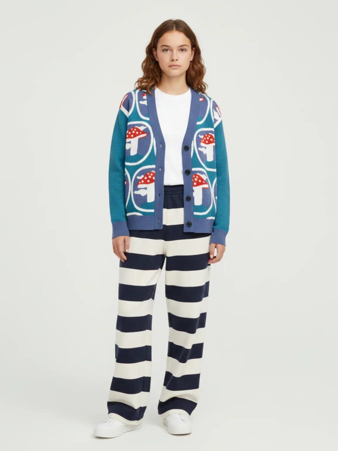 In the Sky with Mushrooms in Blue Knitted Cardigan