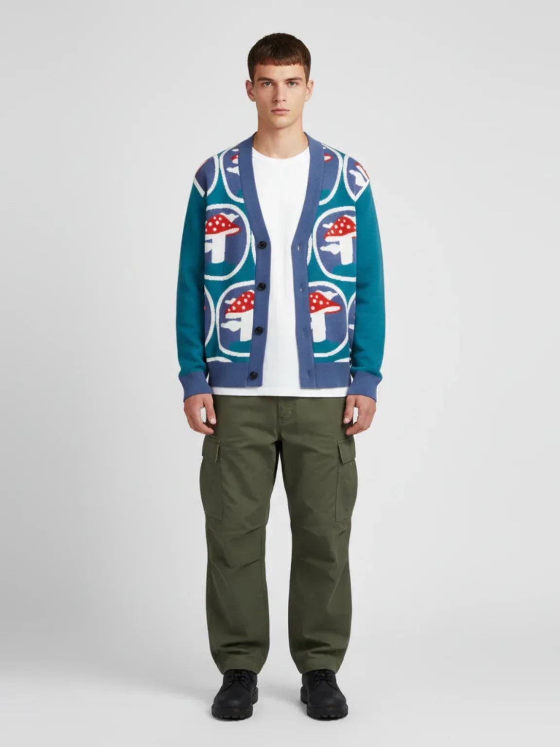 In the Sky with Mushrooms in Blue Knitted Cardigan