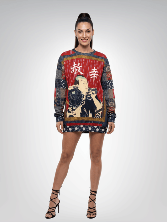Indigo Edo Kabuki Red Warrior in Kanji Unisex Sweatshirt (Gold Label)