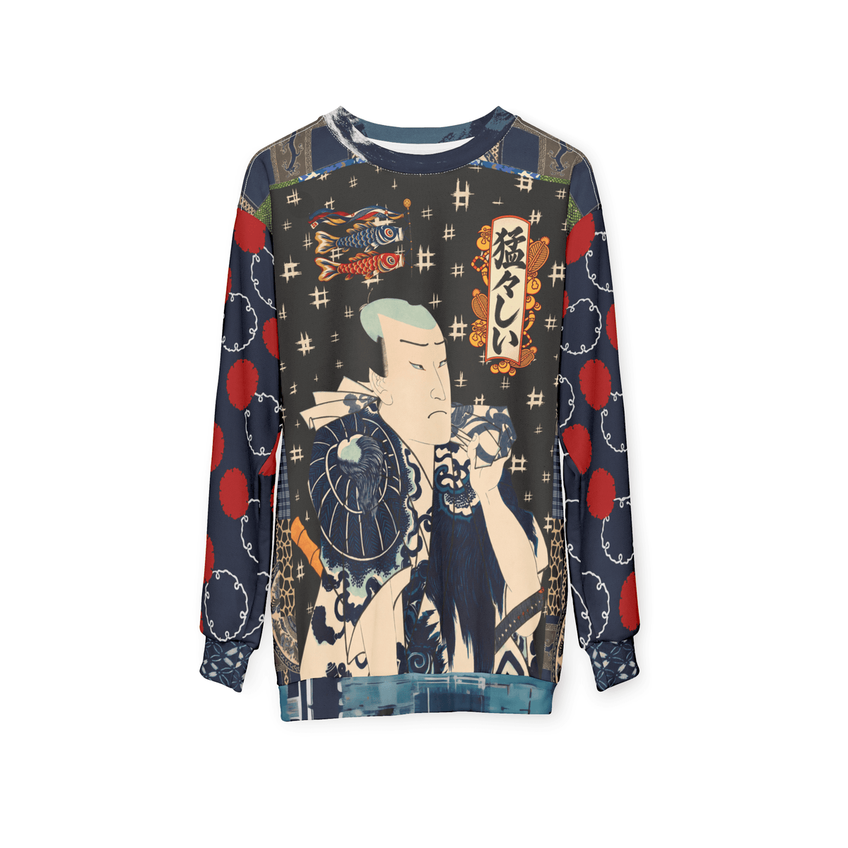 Indigo Edo Kabuki Black Warrior in Kanji - Be Fierce Unisex Sweatshirt (Gold Label)