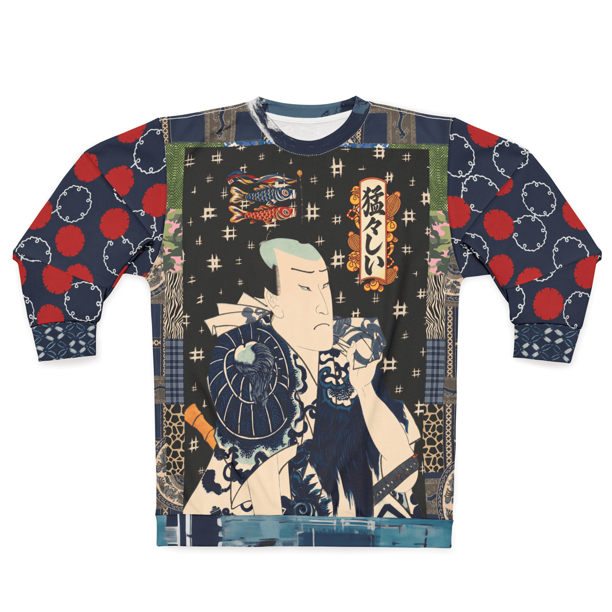 Indigo Edo Kabuki Black Warrior in Kanji - Be Fierce Unisex Sweatshirt (Gold Label)