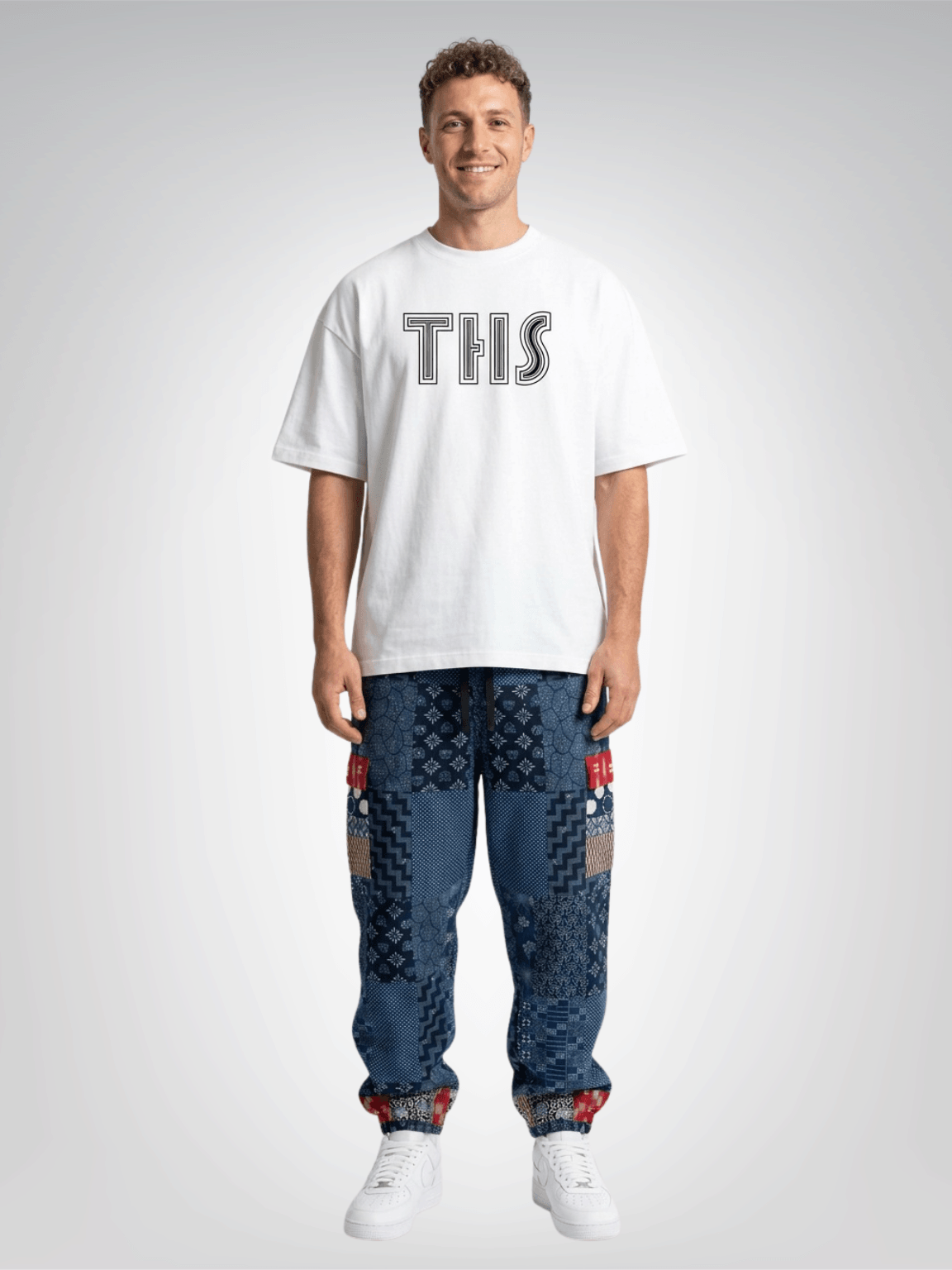 Indigo Edo Kabuki Warrior Patchwork Eco-Poly Cargo Joggers