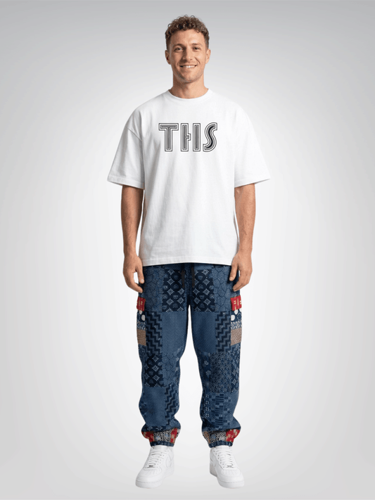 Indigo Edo Kabuki Warrior Patchwork Eco-Poly Cargo Joggers