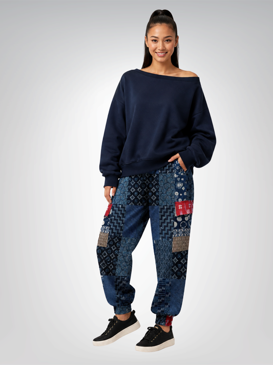 Indigo Edo Kabuki Warrior Patchwork Eco-Poly Cargo Joggers