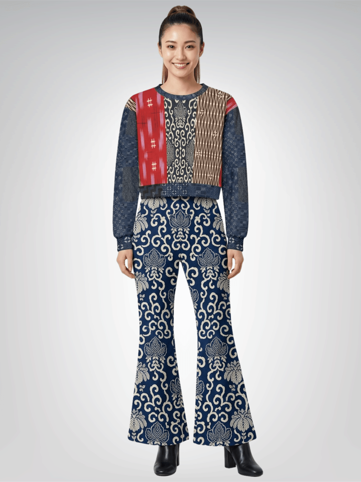 Indigo Edo Kabuki Patchwork Cropped Sweatshirt (Gold Label)