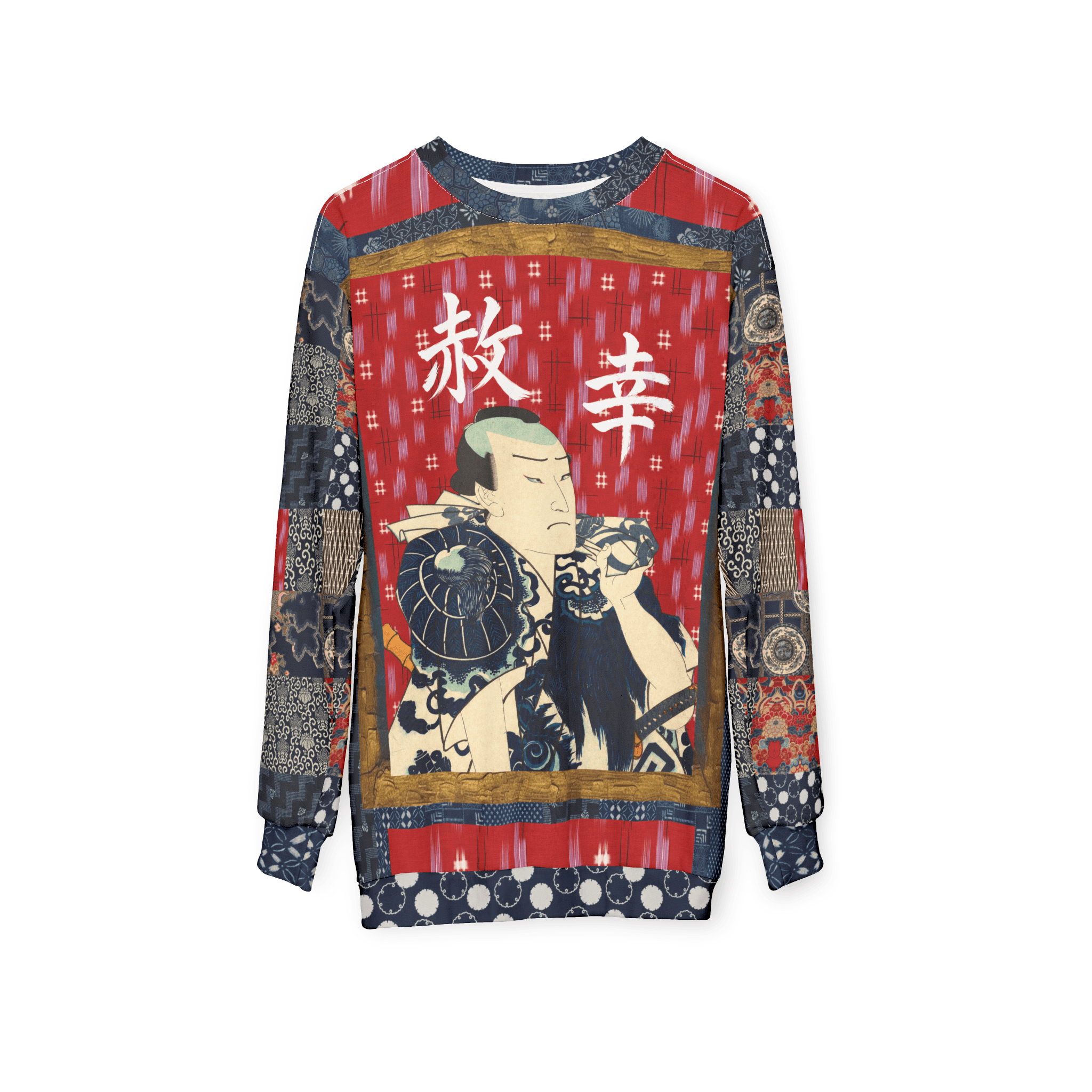 Indigo Edo Kabuki Red Warrior in Kanji Unisex Sweatshirt (Gold Label)