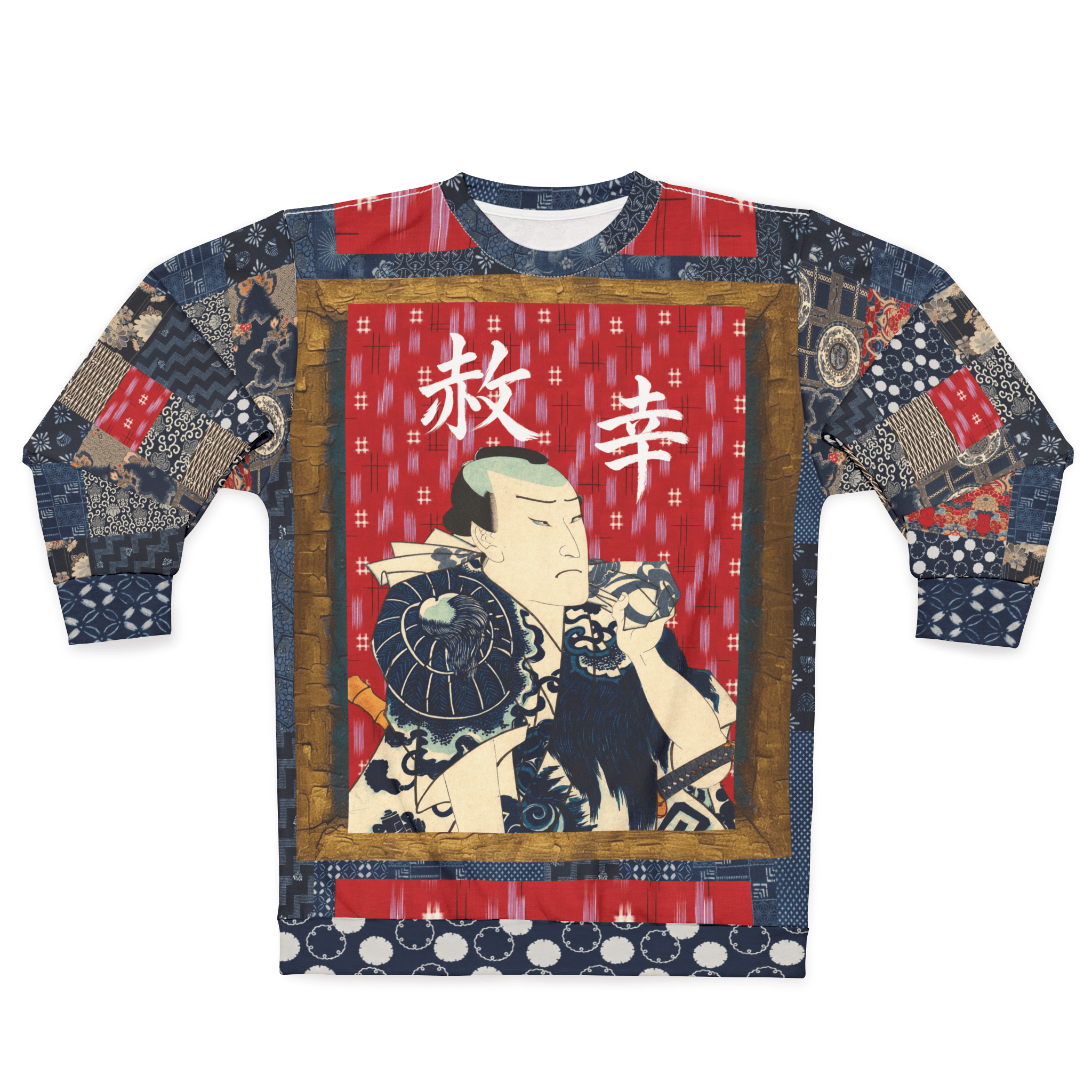 Indigo Edo Kabuki Red Warrior in Kanji Unisex Sweatshirt (Gold Label)