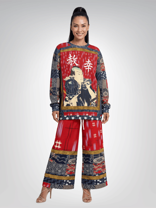Indigo Edo Kabuki Red Warrior in Kanji Unisex Sweatshirt (Gold Label)