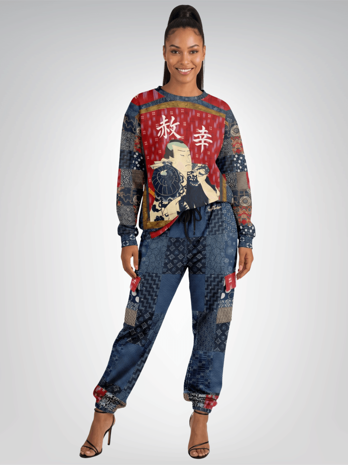 Indigo Edo Kabuki Red Warrior in Kanji Unisex Sweatshirt (Gold Label)