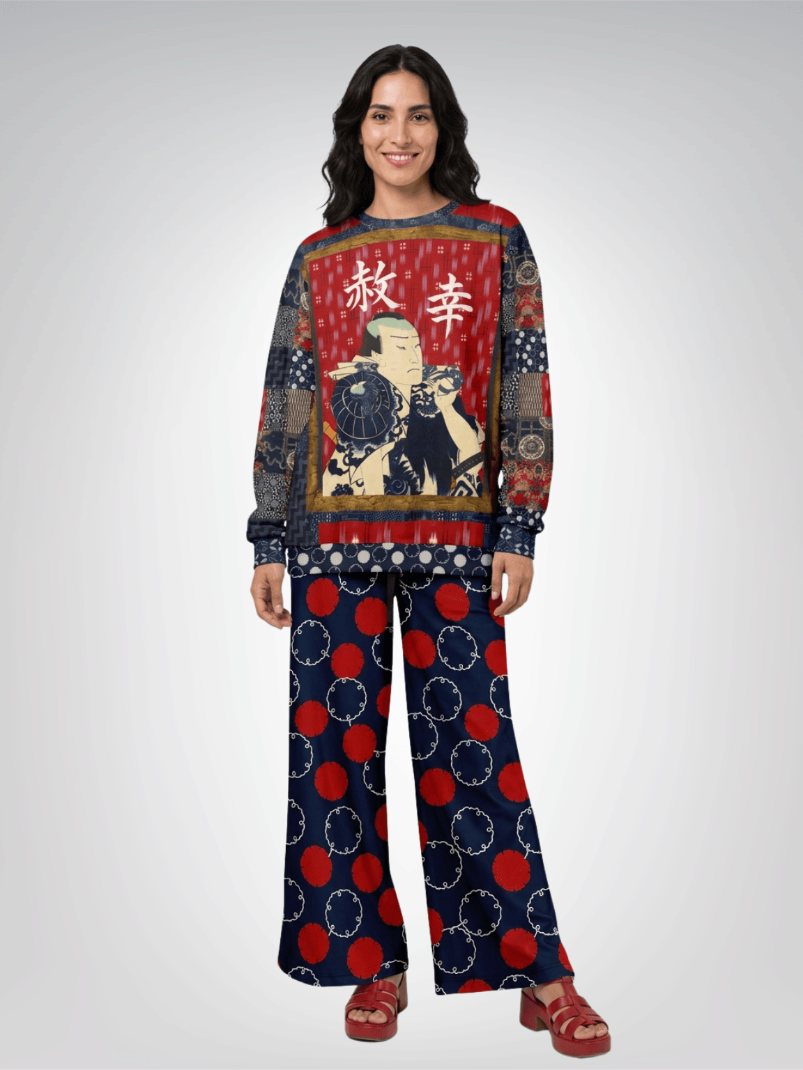 Maru Circle in Blue and Red Geometric Eco-Poly Wide Leg Pants