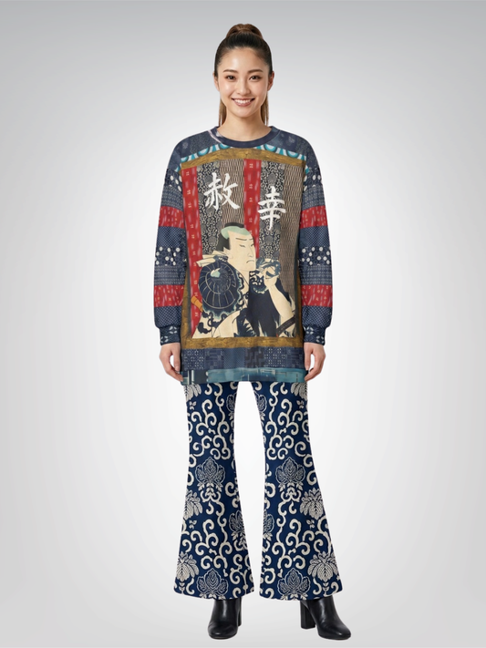 Indigo Edo Kabuki Warrior in Kanji - Happiness & Forgiveness Unisex Sweatshirt (Gold Label)