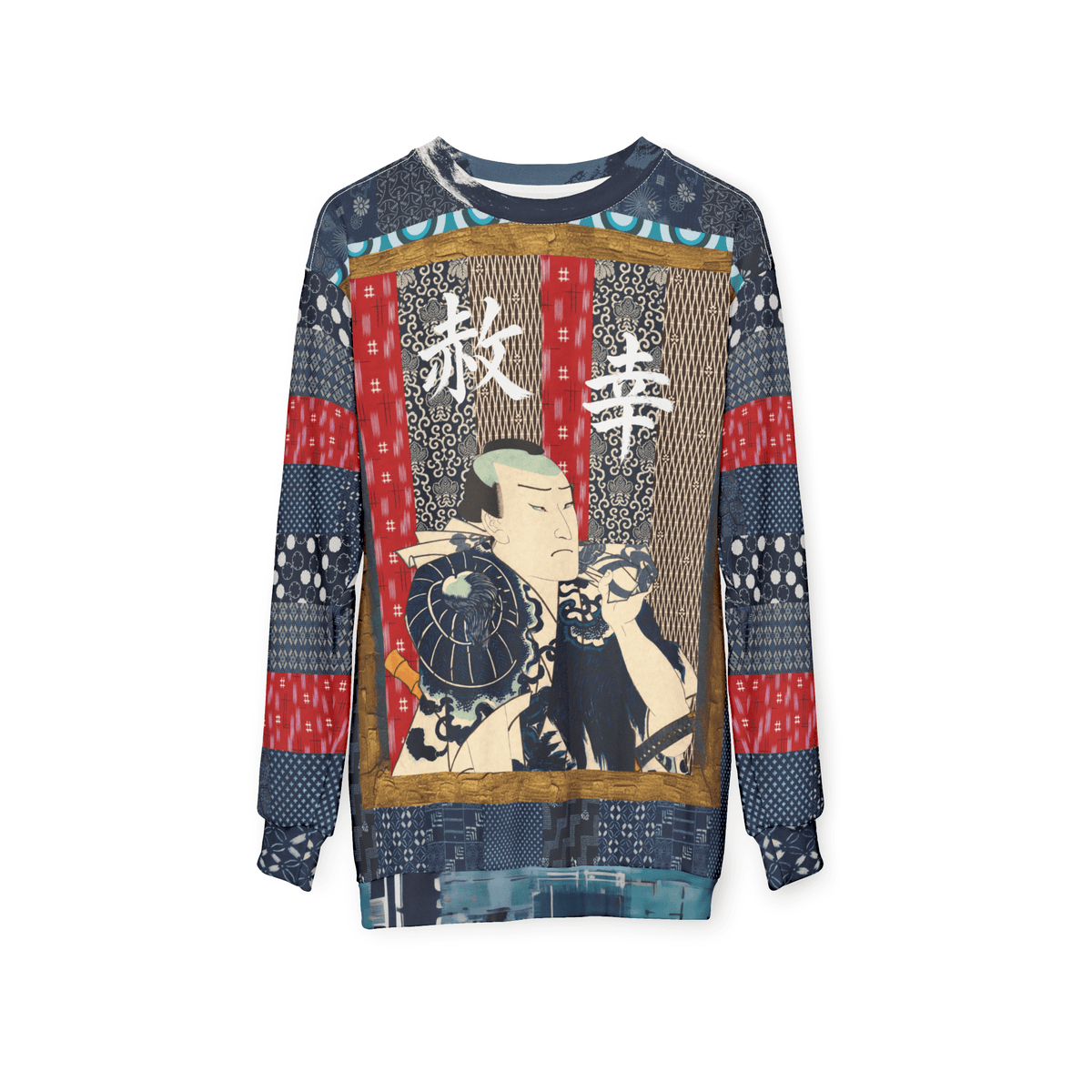 Indigo Edo Kabuki Warrior in Kanji - Happiness & Forgiveness Unisex Sweatshirt (Gold Label)