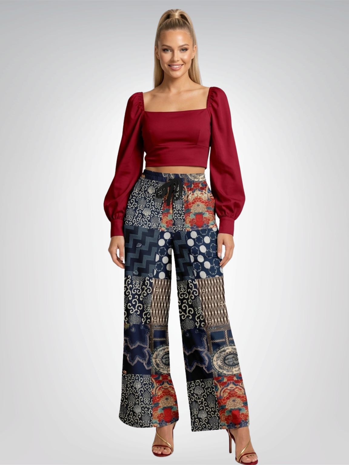 Indigo Edo Kabuki Warrior in Kanji Patchwork Eco-Poly Wide Leg Pants